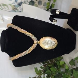 Tricolor Twist Mesh Necklace with Greek Key CZ Oval Pendant and Earrings Set